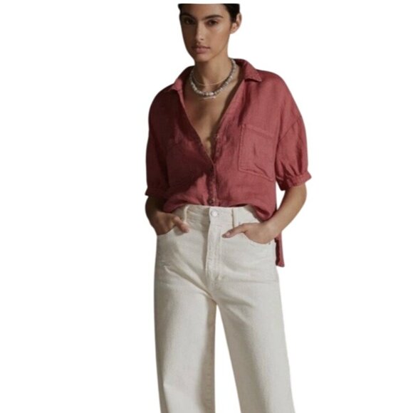 PILCRO Anthropologie Size M 100% Linen Surf Button Down Short Sleeve Shirt Pink - Picture 7 of 13